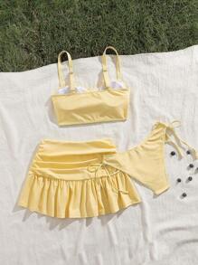 Butter Yellow Cute And Simple 3-Piece Set: Drawstring Tie Waist Fitted Ruffle Hem Swimsuit Cover Up Dress, Casual Beach Holiday Vacation Basic Versatile Suitable For Young Women