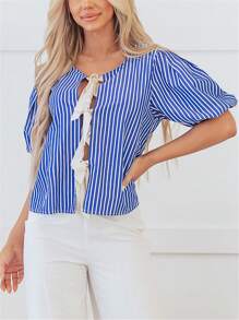 Blue Stripe Tied Front Puff Short Sleeve Blouse - Blue - View 3