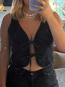 Women's Summer Jean Vest Sleeveless Tie-Up Front Denim Vest Tank Tops Jean Jacket