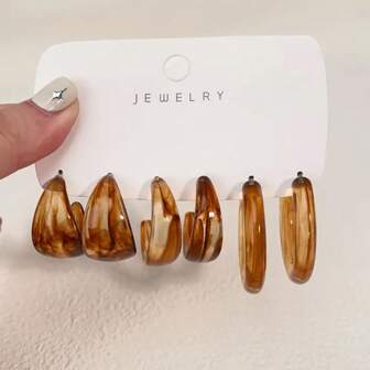 6pcs Bohemian Style Fashion Transparent Amber C-Shaped Hoop Earrings