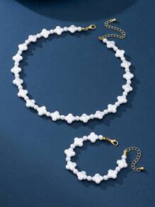 1 Set Fashion Faux Pearl Clover Bracelet & Necklace Set
