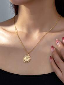 1pc Fashionable Minimalist French Elegant Round Disc Pendant Necklace For Women, Suitable For Daily, Commuting, Party