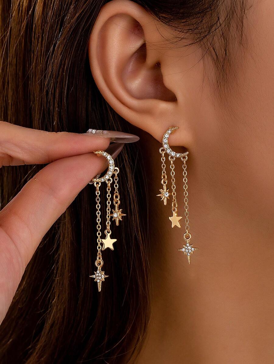 1 对金色星月吊坠耳环奢华水晶星形耳环女士 - 金色 - 查看 1