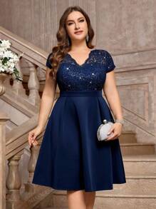 Plus Elegant V-Neck Contrast Sequin Floral Lace Prom Cocktail Party Swing Dress, Wedding Guest Dress, For Birthday, Graduation, Homecoming