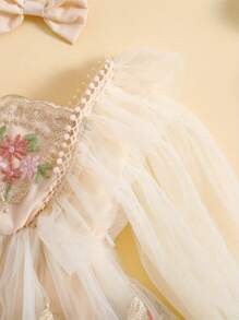 Infant Baby Girl Tutu Romper Dress With Headband Mesh Long Sleeve Floral Lace Embroidery Skirt Birthday Outfit - 米色 - 查看 5