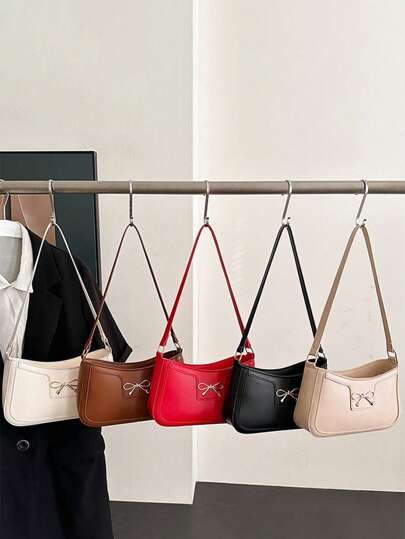 1pc时尚个性腋下包韩版个性单肩纹理时尚通勤月牙包，蝴蝶结腋下包单肩纹理精致通勤法棍包，带蝴蝶结装饰，拉链顺滑，时尚百搭的方形包包造型单肩包，适合女生外出逛街，日常使用，送朋友礼物都是不错的选择