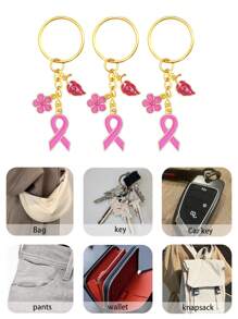 6pcs/12pcs Breast Cancer Promotional Accessories, Breast Cancer Women's Inspirational Gifts, Women's Pink Breast Cancer Promotional Decorations, Red Ribbon Brooches,Including Transparent Gauze Bag And Greeting Card, Women's Love Friendship Party Encouragement Gift,Car Keychains