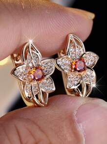 1 Pair Cute Multi-Color Cubic Zirconia Flower Hoop Earrings, Charming Wedding Jewelry Gift For Women