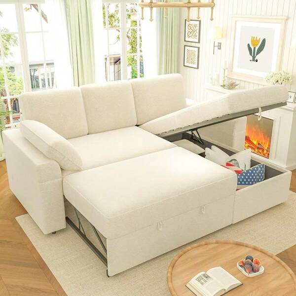 Merluxy Reversible Pull-Out Sectional Sofa Bed Sleeper With Chaise And Hidden Storage, 3-Seat Modern Couch For Space-Saving Apartment Living Room Setup