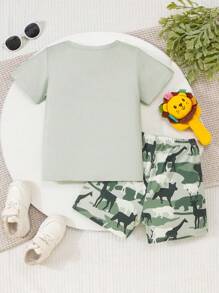 2pcs Young Boy Random Animal Print Short Sleeve Tops & Shorts Set, Casual Fashion Summer 2025 New Arrival