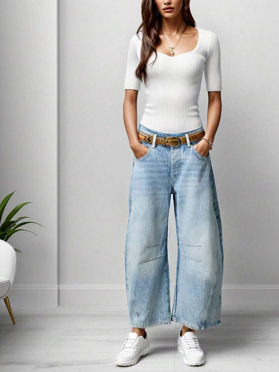 Women's Baggy Boyfriend Jeans Vintage Wide Leg Mid Rise Barrel Denim Ankle Pants - Rửa nhẹ - Xem 1