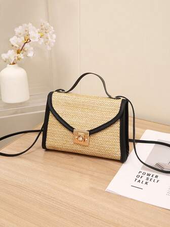 夏季海滩度假草编包，简约个性化女士手提包，拼色对称零钱包和手机袋