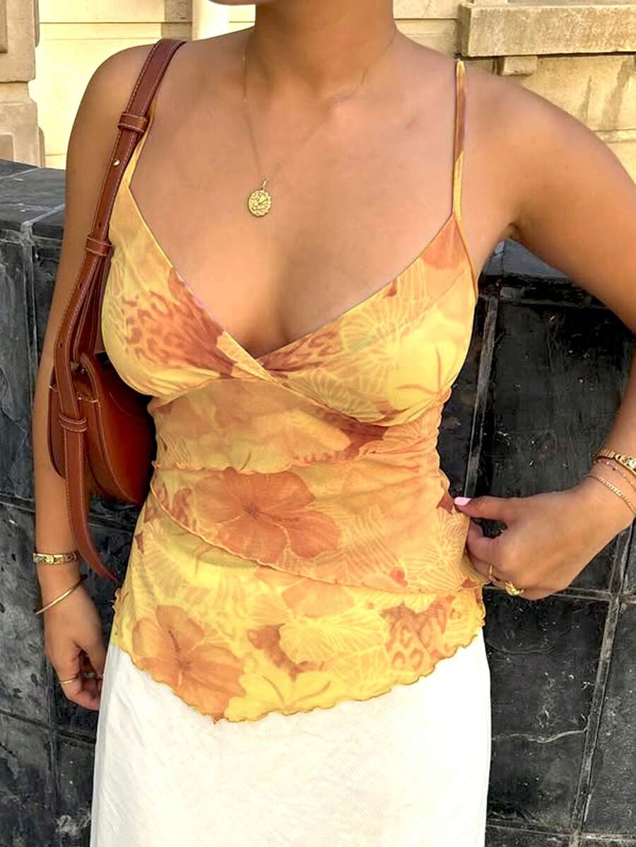 Women Summer Floral V-NecK Irregular Hem Mesh Cami Vest Tops - Màu vàng - Xem 1