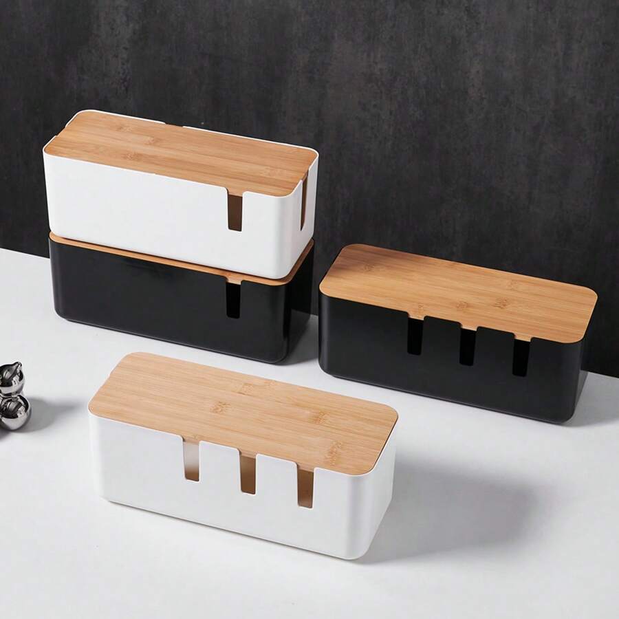 大型电线管理盒，带木盖、塑料7孔和4孔插座适配器条、宽敞的电线整理器、插座盖，适用于家庭和办公室使用 - 可隐藏在桌子下或地板上 - 彩色 - 查看 1