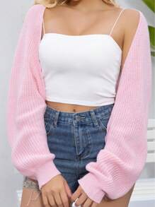 女士时尚短款粉色针织开衫，长款插肩袖，翻领设计 - 粉色 - 查看 9