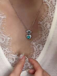 3pcs Set (Can Be Sold Separately) Luxury Vintage Elegant Paraiba Tourmaline Style Heart Shaped Ring, Necklace, Earrings With Zirconia Stone, Women Jewelry Suit, Suitable For Daily, Wedding, Party, Gift