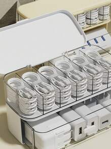 1pc Desktop Data Cable Storage Artifact Mobile Phone Charger Charging Cable Sorting Grid Winder Power Cord Storage Box - White - View 4