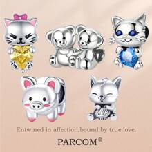 PARCOM 镀银串珠装饰 Pom Pom 猫宠物动物系列串珠首饰，适合手链和项链，生日、节日的完美珠宝礼物 - 毛球貓寵 - 查看 1