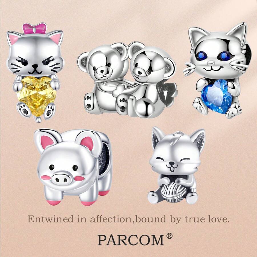 PARCOM 镀银串珠装饰 Pom Pom 猫宠物动物系列串珠首饰，适合手链和项链，生日、节日的完美珠宝礼物 - 毛球貓寵 - 查看 1