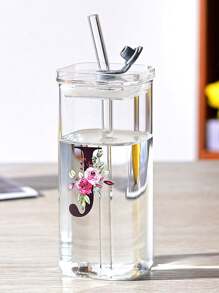 1pc A-Z Flower Letter Pattern Square Glass Cup, Simple And Heat-Resistant Flat Bottomed Cup For Office And Household Use, Milk Coffee Cup With Square Mouth, Bridesmaid Gift, Birthday Gift