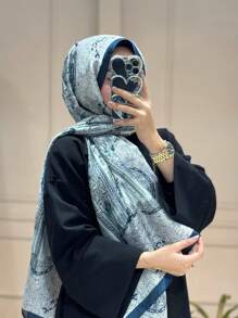 1件装女士波西米亚风佩斯利印花蓝色头巾披肩，休闲优雅女士围巾配饰，防风披肩，适合日常佩戴，情人节面纱装扮，阿巴雅长袍配饰，柔软头巾，连衣裙配饰 - 藍色 - 查看 4