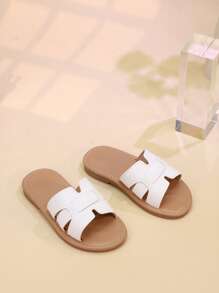 女童夏季蝴蝶结凉鞋拖鞋幼儿、小童、大童露趾公主平底休闲一脚蹬鞋 - 白色 - 查看 3