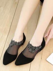 Women's Pointed Toe Square Heel Rhinestone Mesh Elegant Shoes - Black - View 3