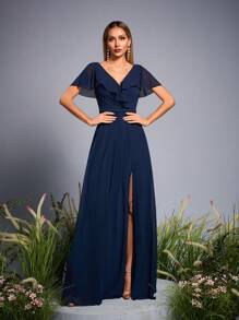 Mgiacy New Arrival V Neck Elegant Bridesmaid Dress Ruffle Crimping High Slit Chiffon Long Dress - Navy Blue - View 3