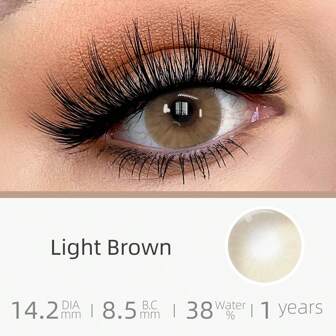 Een paar bruine contactlenzen met een diameter van 14,2 mm om de ogen te vergroten, 35% watergehalte, niet vermoeiend om langdurig te dragen, geschikt voor dagelijks gebruik