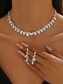 三件套几何图案首饰套装，包含项链和耳环，简约风格新娘首饰套装，适合婚礼和情人节佩戴。 - 銀色 - 查看 2