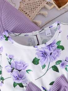 Little Kids Toddler Baby Girl Dress Set Floral Print Round Neck Bow A-Line Tank Dress Ruffled Ribbed Cardigan 2PCs Fall Winter Clothes - 紫色 - 查看 4