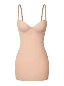 Built In Bra Women Slimming Tummy Control Shapewear Dress Slip Dress Under Dresses Body Shaper Compression Bodycon Shaping Full Slips Skirt Underdress Underwear Tube Stretch Mini Dress Shelf Bra Spaghetti Strap - Beige - View 6