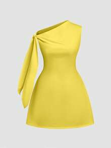 Women's Elegant Buttercup Yellow Sleeveless Tie-Strap Minimalist Short Graduation Dress - Yellow - View 2