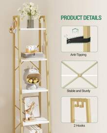 HaluPeit 4/5-Tier Ladder Shelf, Bookshelf Bookcase, Freestanding Corner Storage Shelve With 2 Hooks For Home Office, Living Room, Kitchen, Bedroom, Industrial,Home Decor, White And Gold - Vàng - Xem 3