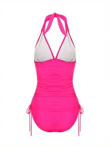 Women Swimsuit One Piece Bathing Suit Halter Ruched Cutout Back Tummy Control With Adjustable Spaghetti Straps - Hot Pink - View 5