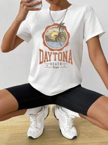 Women's Summer Palm Tree & Letter Print Crew Neck Short Sleeve Casual T-Shirt, Summer Beach Vacation, For Summer Graphic Tee Women - White - View 2