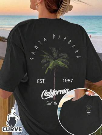 Plus Size Women's Casual Vacation Round Neck Short Sleeve Summer T-Shirt With Palm Tree Slogan Print, Women's Tops