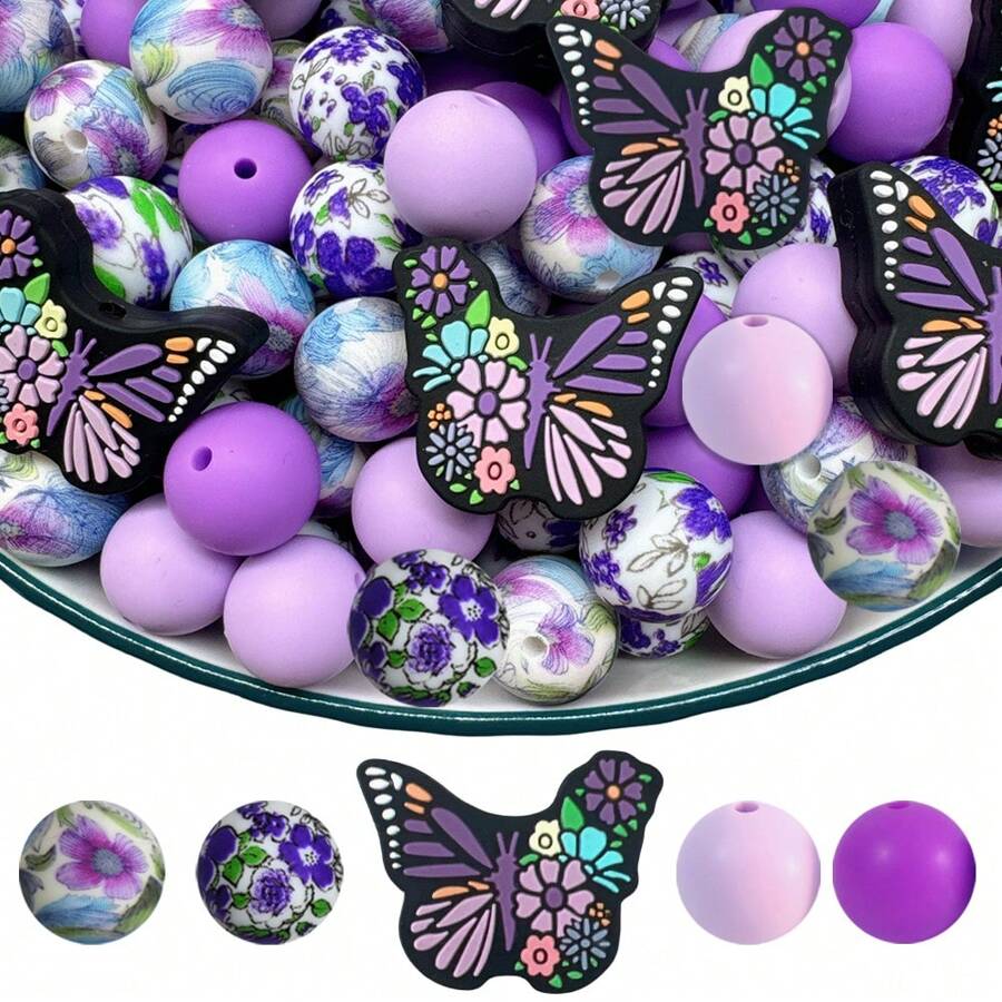 25pcs/Set Silicone Butterfly Beads - Handmade Beading Kit For DIY Jewelry, Keychains, Pen Decorations, Bag Chains, Bracelet & Necklace Making Accessories - Butterfly Series - View 1