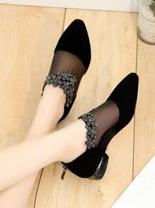 Women's Pointed Toe Square Heel Rhinestone Mesh Elegant Shoes - Black - View 2