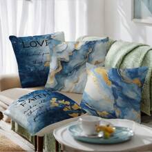 4 pièces Ensemble de taies d'oreiller simples et quotidiennes au motif bleu doré marbré, en tissu velours pêche imprimé sur un côté, 45*45CM/18*18 pouces. Housse de coussin pour décoration de canapé moderne d'intérieur, décoration de fête, cadeau
