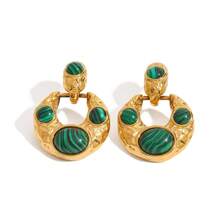 S SHOPBOHO 1Pair Stainless Steel Vintage Jewelry Green Malachite Stone Earrings Oversize Stud Earrings Party Outfit