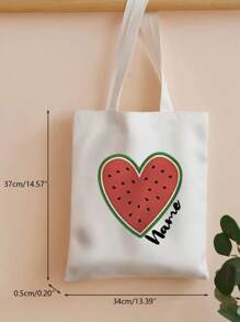 1pc Personalized Custom Name Watermelon Heart Canvas Tote Bag, Large Capacity Shoulder Bag For Women, Reusable Shopping Bag, Washable, Suitable For Travel And Daily Commuting, A Must-Have For Summer Beach Vacation