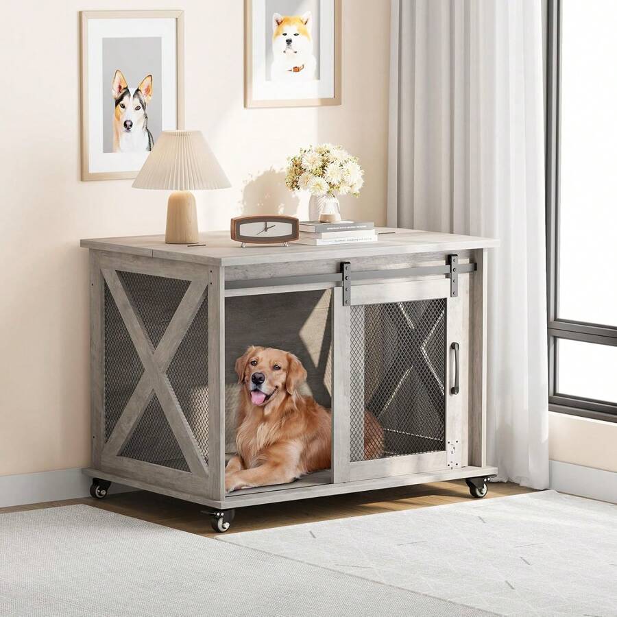 Dog Crate Furniture With Sliding Barn Door, Flip Top Dog Crate, Furniture-Style Dog Crates With Wheels, Indoor Dog Kennel Furniture With Removable Divider, Dog House, Decorative Pet House End Table,  Wooden Cage Kennel Furniture Indoor - Grey - View 1