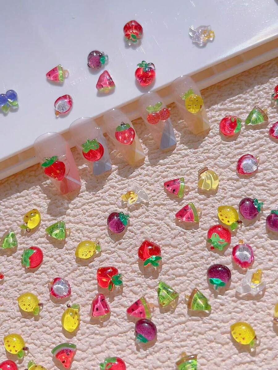 30Pcs Assorted Fruit Design Nail Art Decorations, Cartoon Colorful Watermelon, Strawberry Resin Nail Gems For Summer Nail Supplies Nails Nail Charms