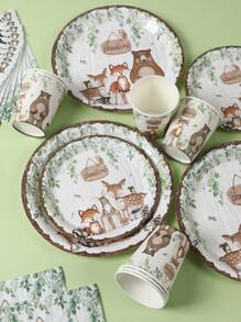 40pcs/Set Woodland Forest Theme Tableware Set, Jungle Animal Theme Birthday Party Decorative Disposable Tableware, Babe Shower Party Supplies Tableware, For Woodland Cute Cartoon Animal Birthday Holiday Family Party Decoration Supplies, Jungle Animal Party Decoration Disposable Tableware, Includes 8pcs 7inch Disposable Plates & 8pcs 9inch Disposable Paper Plates & 8pcs Paper Cups& 16pcs Napkins