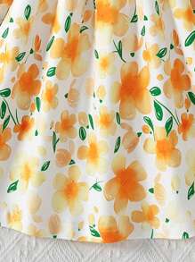 2pcs/Set Girls Digital Floral Print Cute Casual Sleeveless Open Shoulder Summer Dress, Vacation Style