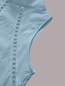 Damen Bluse mit hohem Kragen, ärmellos, einfarbig, locker geschnitten mit Spitzenbesatz, Lässig Sommer - Blau - Übersicht 5