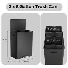 Step Dual Trash Can, 60L/16 Gallon Recycle Bins With Lid, 2 Removable Wastebusket, Step Pedal, Large Stainless Steel Double Trash Bin For Kitchen, Bathroom - 黑色 - 查看 2