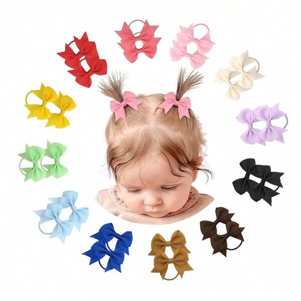 24PCS Baby Bowknot Hair Ties, Elastic Ponytail Holders Mini Small Hair Ties For Baby Girls Infants Hair Accessories For All Seasons.
