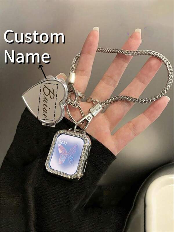 [Personalizado] Correa personalizada con nombre en coreano de espejo con colgante de corazón de hueso plateado + Estuche con rhinestones compatible con Apple Watch 46mm 42mm 49 41 45 44 42 40 38 para modelos 10 9 8 7 SE, pulsera de lujo para regalo de chica